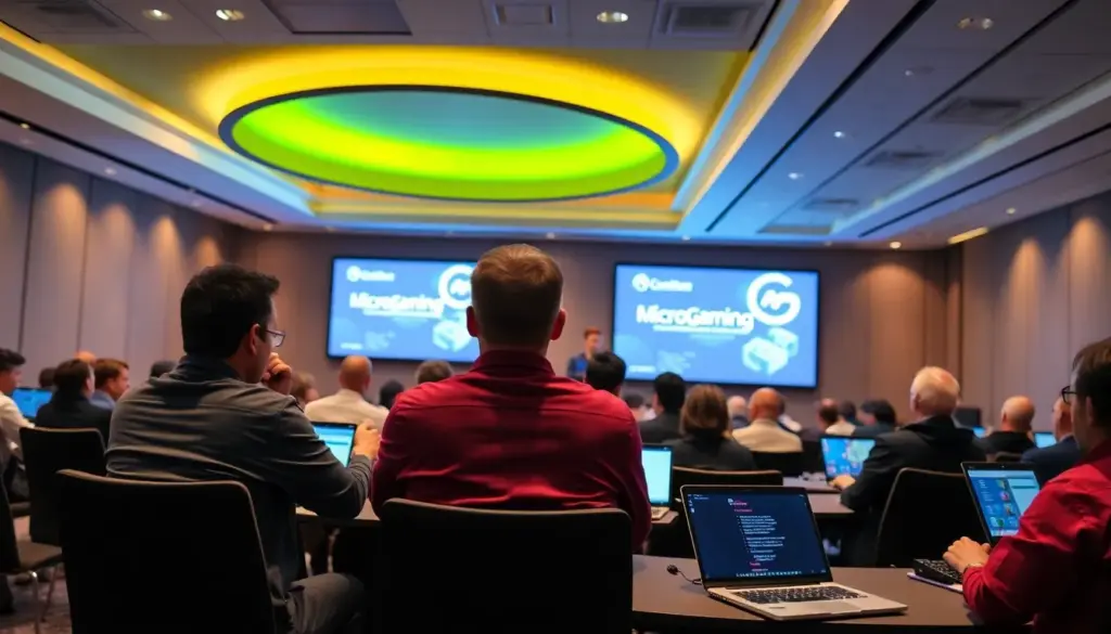 A group of online gamers enthusiastically discusses their experiences with Microgaming's latest game releases at a virtual gaming convention in February 2026.