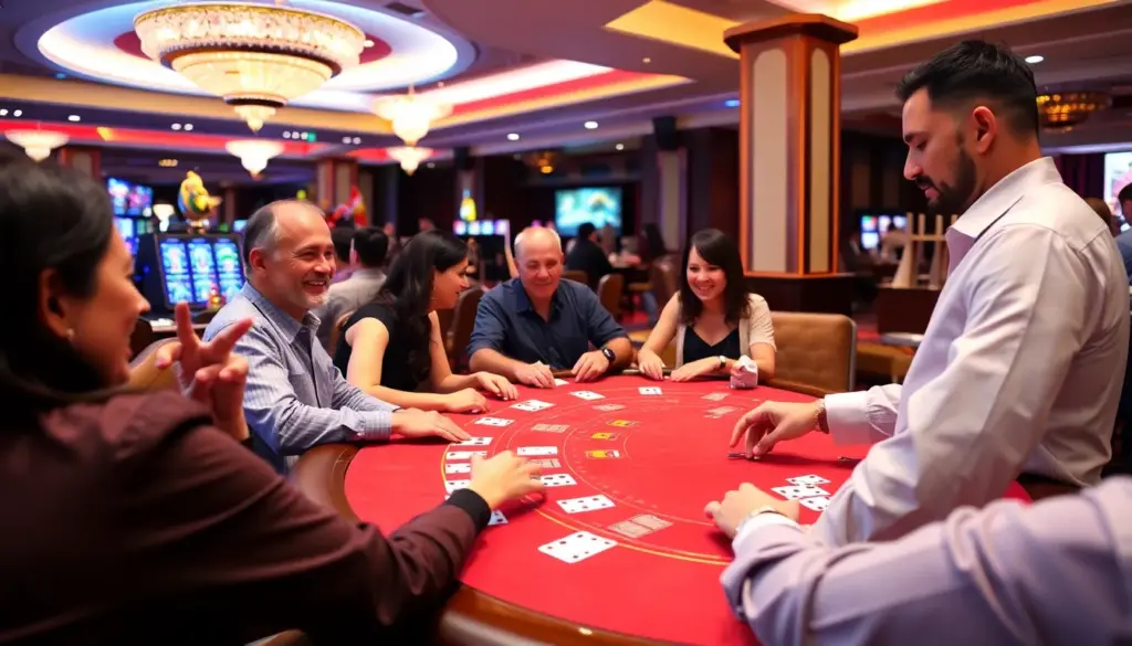 A group of players gathered around a Baccarat table in a bustling casino, intently watching the dealer as cards are dealt amidst the sounds of chips clinking and excited chatter.