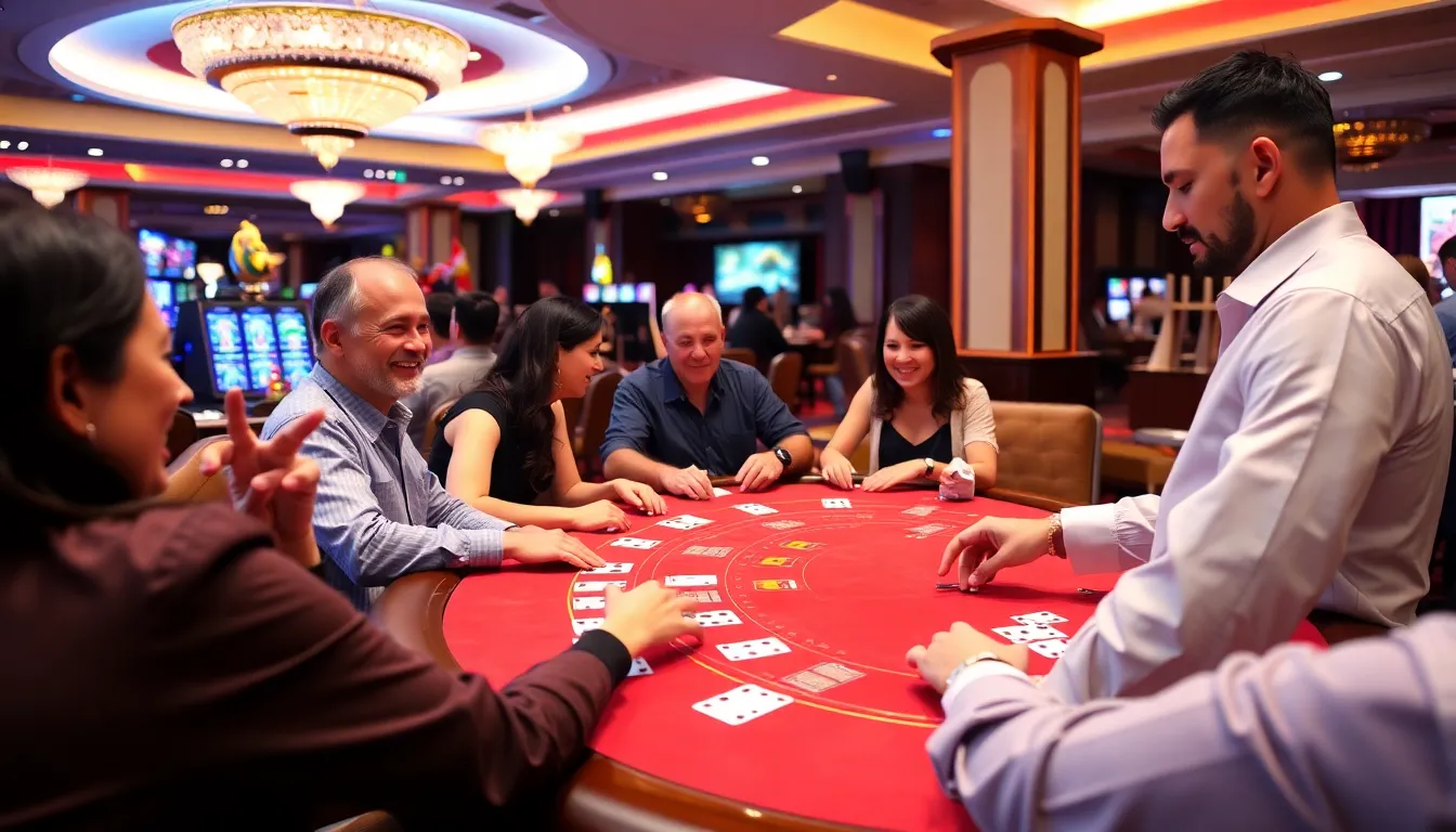 A group of players gathered around a Baccarat table in a bustling casino, intently watching the dealer as cards are dealt amidst the sounds of chips clinking and excited chatter.