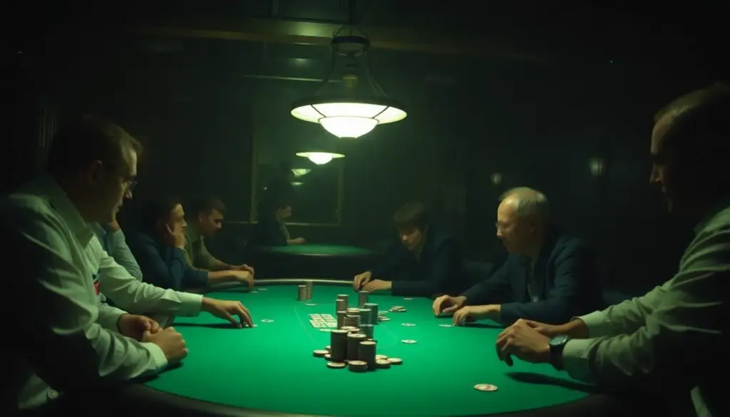 A group of poker players intensely focuses on their cards and chips during a competitive tournament, with a large screen displaying the current game statistics in the background.