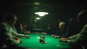 A group of poker players intensely focuses on their cards and chips during a competitive tournament, with a large screen displaying the current game statistics in the background.