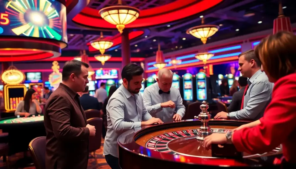 A dealer spins a roulette wheel as players eagerly place their bets at a bustling casino table.