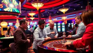A dealer spins a roulette wheel as players eagerly place their bets at a bustling casino table.
