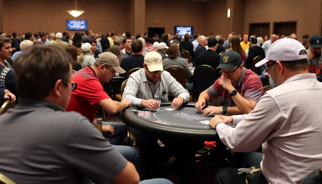 A group of players sits around a poker table, intently focused on their cards as chips are stacked high in the center during a Texas Hold'em tournament.