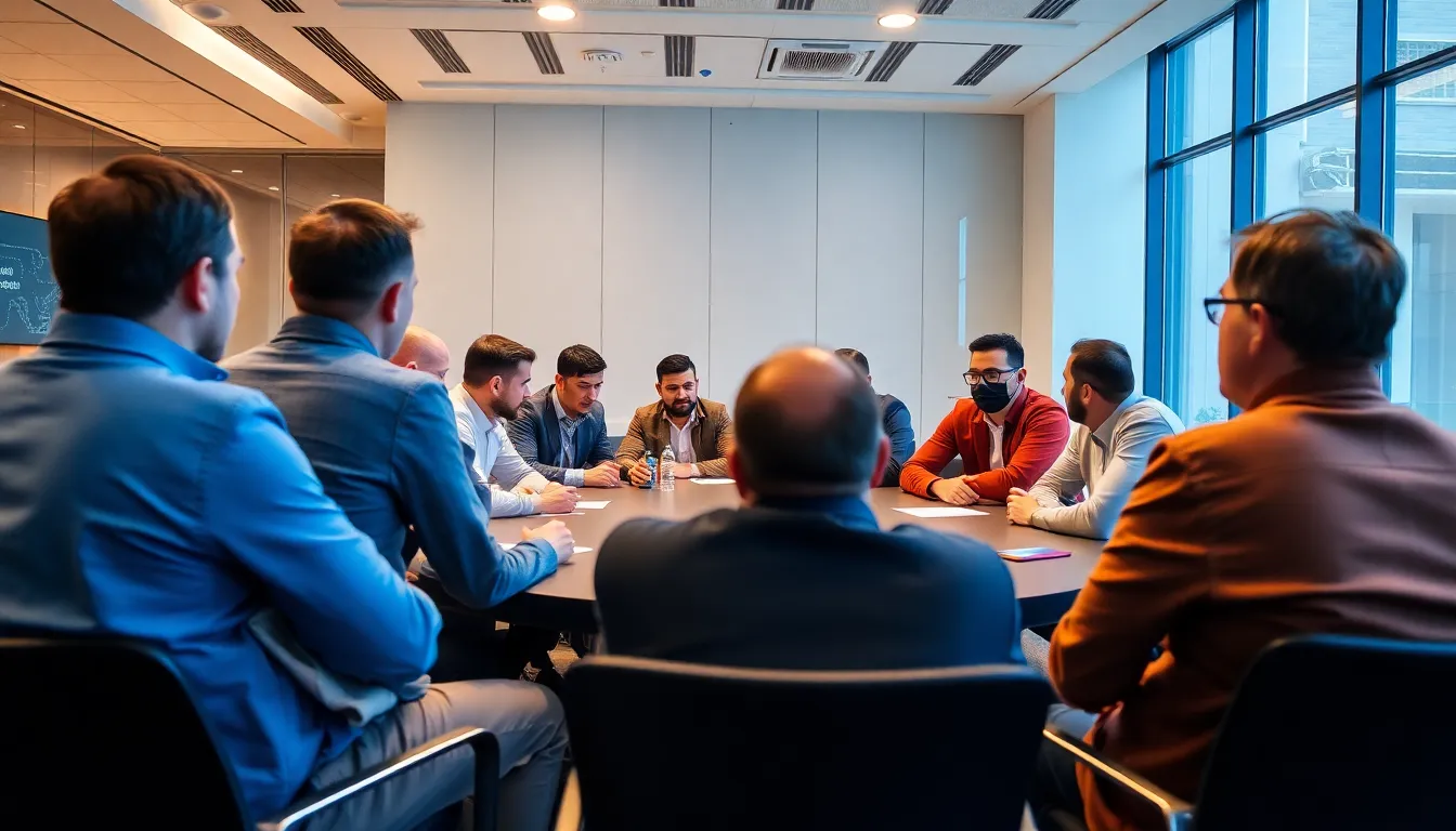 A group of enthusiastic players gathers around a digital gaming table, eagerly participating in a live Betgames session as screens display vibrant graphics and realtime statistics.