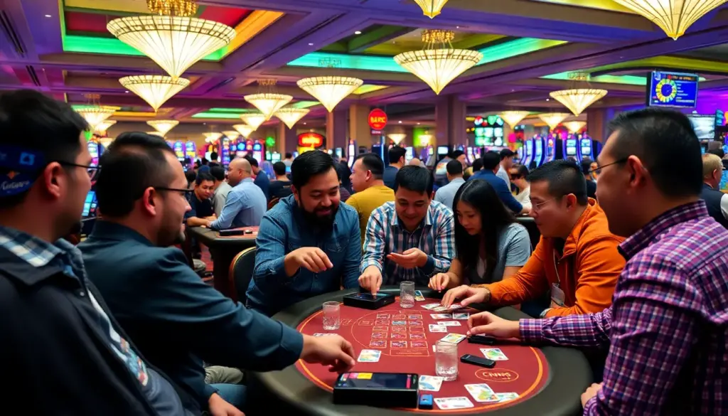 A group of enthusiastic gamers gathers around a large screen in a modern gaming lounge, eagerly discussing the latest features of 업카지노 as they enjoy a vibrant atmosphere filled with excitement and anticipation.