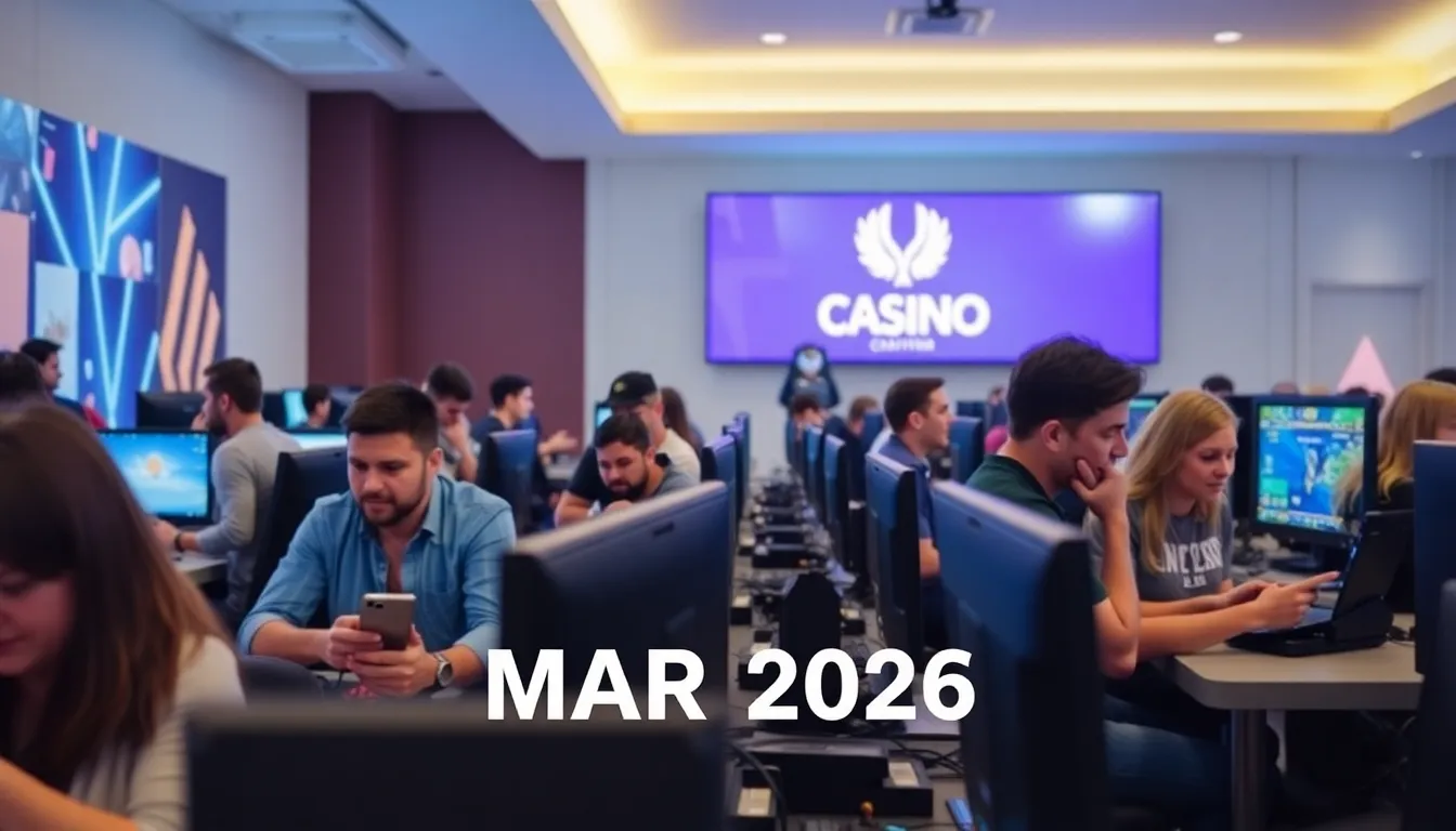 A group of enthusiastic players gathers around a computer, eagerly discussing the latest updates and rankings from Core Casino as they prepare for an exciting gaming session.