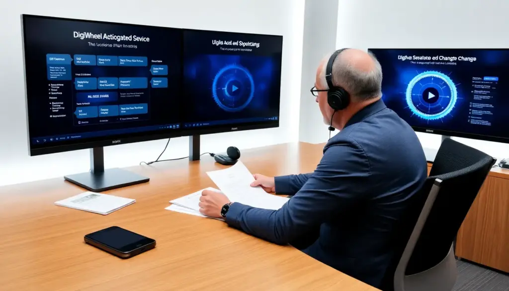 A group of professionals gathers around a large screen displaying the latest features of the DigiWheel service during a technology conference in February 2026.