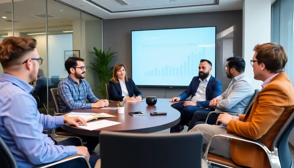 A group of business professionals gathers around a large screen displaying a presentation on the latest features of DigiWheel, highlighting its impact on digital marketing strategies.