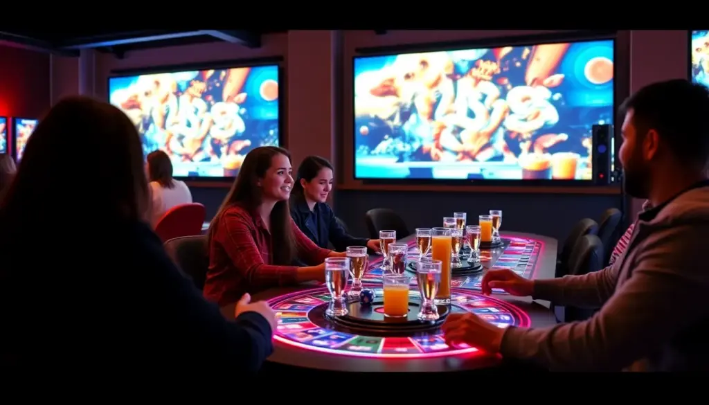 A group of enthusiastic gamers gathers around a large screen, intently watching a livestreamed slot game session featuring Livespins in a vibrant gaming lounge.
