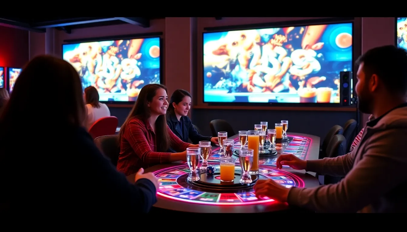 A group of enthusiastic gamers gathers around a large screen, intently watching a livestreamed slot game session featuring Livespins in a vibrant gaming lounge.