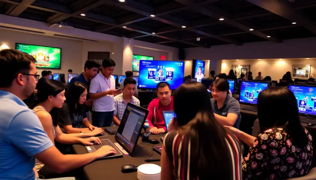 A bustling crowd of players eagerly engages with the latest gaming machines and tables at Ping Casino during a lively March 2026 event.