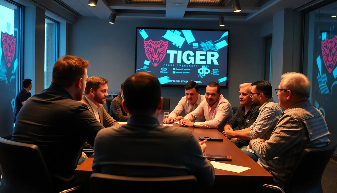 A strategic meeting between casino operators discussing player behavior analytics and tailored marketing strategies to optimize Red Tiger's gaming offerings