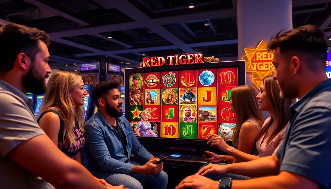 A group of gaming enthusiasts gathers around a large screen, eagerly discussing the latest innovations from Red Tiger during an industry conference in February 2026.