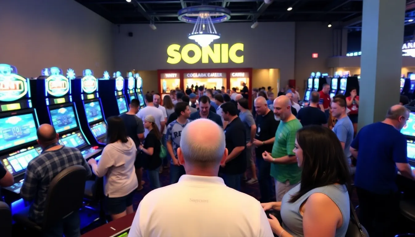 A group of excited gamers gather around their computers, eagerly discussing the upcoming launch of Sonic Casino while showcasing various gaming setups in a vibrant online forum.