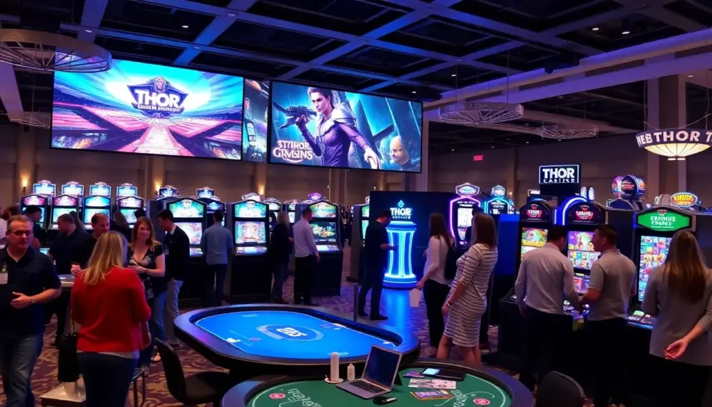 A group of excited players gathers around a gaming table at Thor Casino, eagerly engaging with the latest virtual reality gaming technology in March 2026.