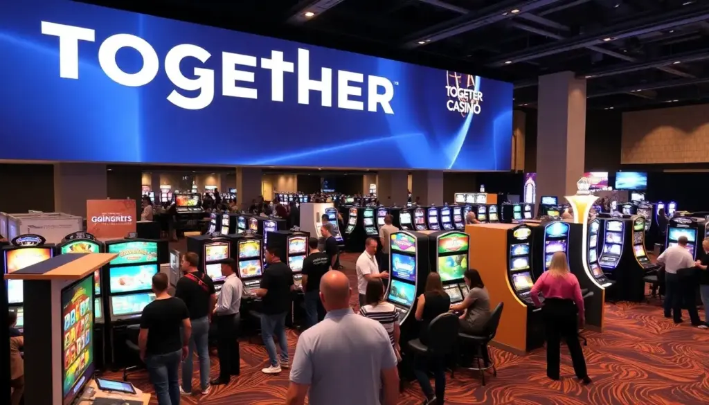 A group of excited players gathers around a gaming table at Together Casino, eagerly engaging with a live dealer during a vibrant March 2026 event.