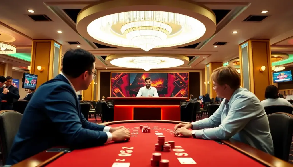 A group of players sits around a sleek table in a vibrant casino, intently focused on their cards as a dealer shuffles the deck in a lively baccarat game.