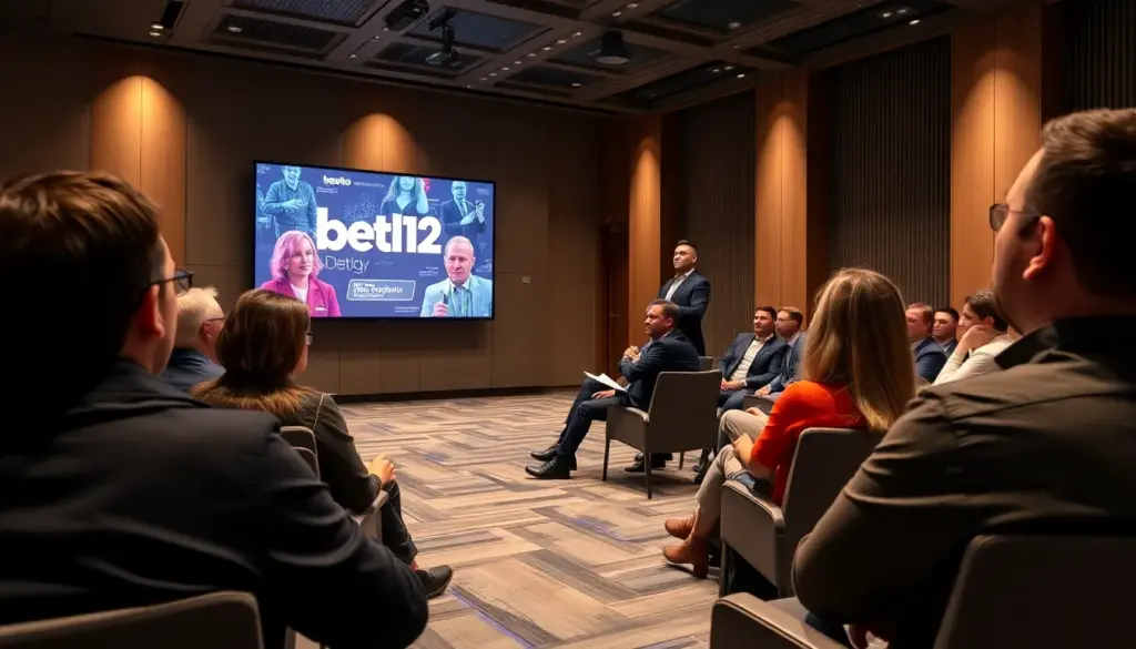 A group of enthusiastic bettors gathers around a large screen displaying live sports odds and betting options at a bustling sports bar.