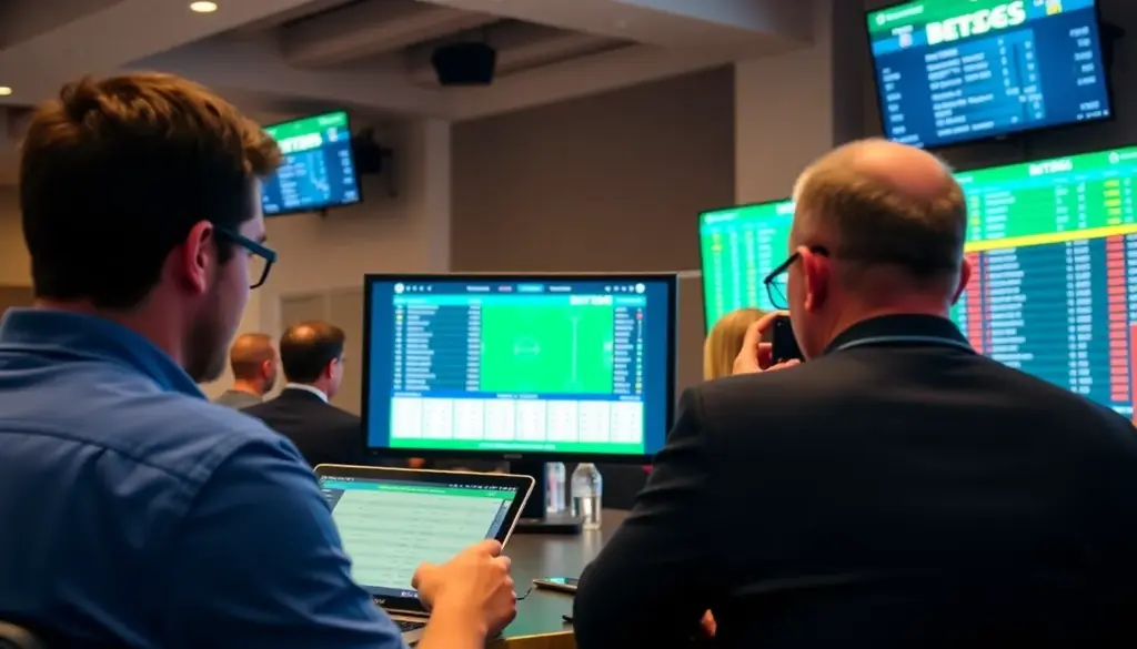 A group of enthusiastic sports bettors gathers around a large screen in a bustling sports bar, eagerly watching a live match while discussing their betting strategies.