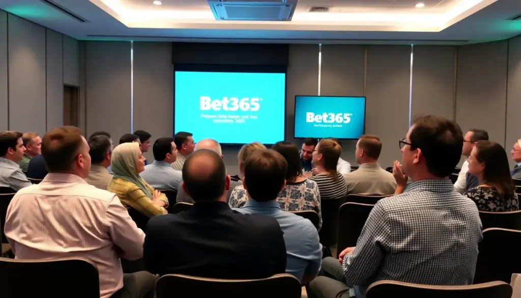 A group of bettors enthusiastically discusses their strategies while watching a live sports event on multiple screens at a bustling sports bar.