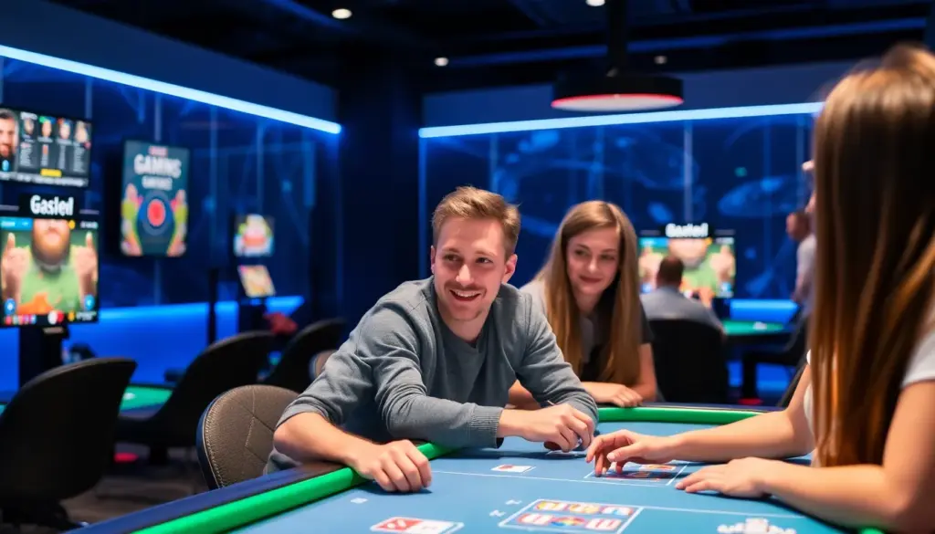 A group of players gathered around a table, intently watching a live Betgames session on their devices while discussing strategies and outcomes.