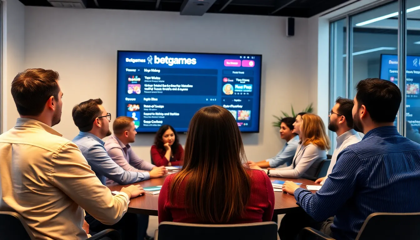 A group of enthusiastic gamers gathers around a large screen in a modern gaming lounge, eagerly discussing the latest innovations from Betgames as they prepare to try out new features.