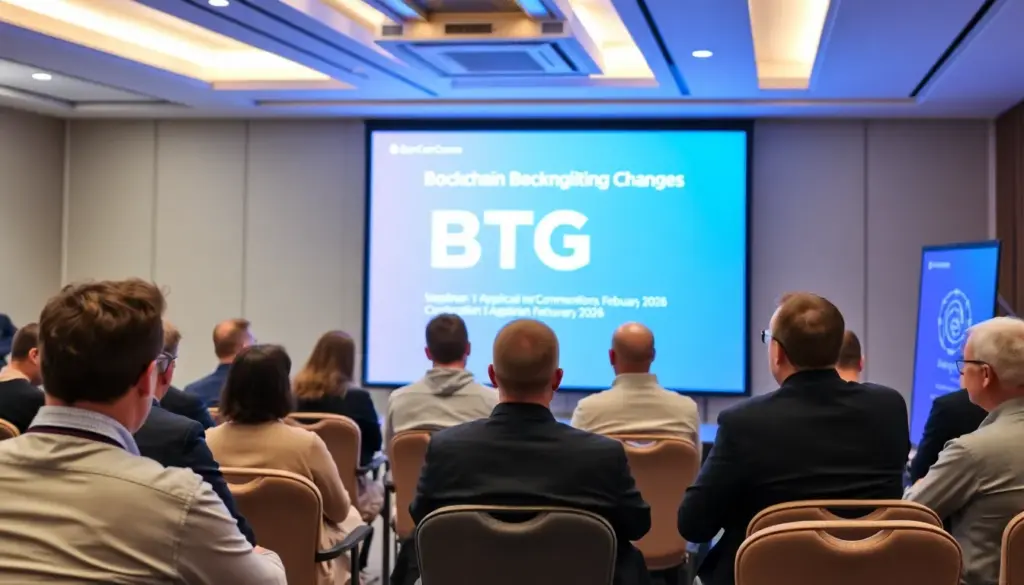 A group of industry analysts gathers around a conference table, discussing the latest trends and strategies in the blockchain technology sector during a February 2026 meeting.