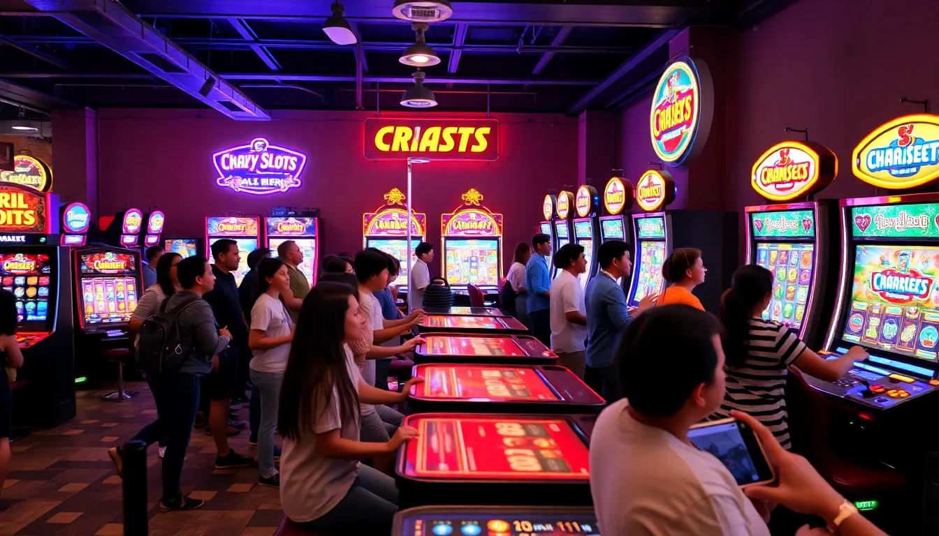 A group of enthusiastic gamers gathers around a computer, eagerly discussing the upcoming launch of Crazy Slot while examining promotional materials and sharing their excitement.