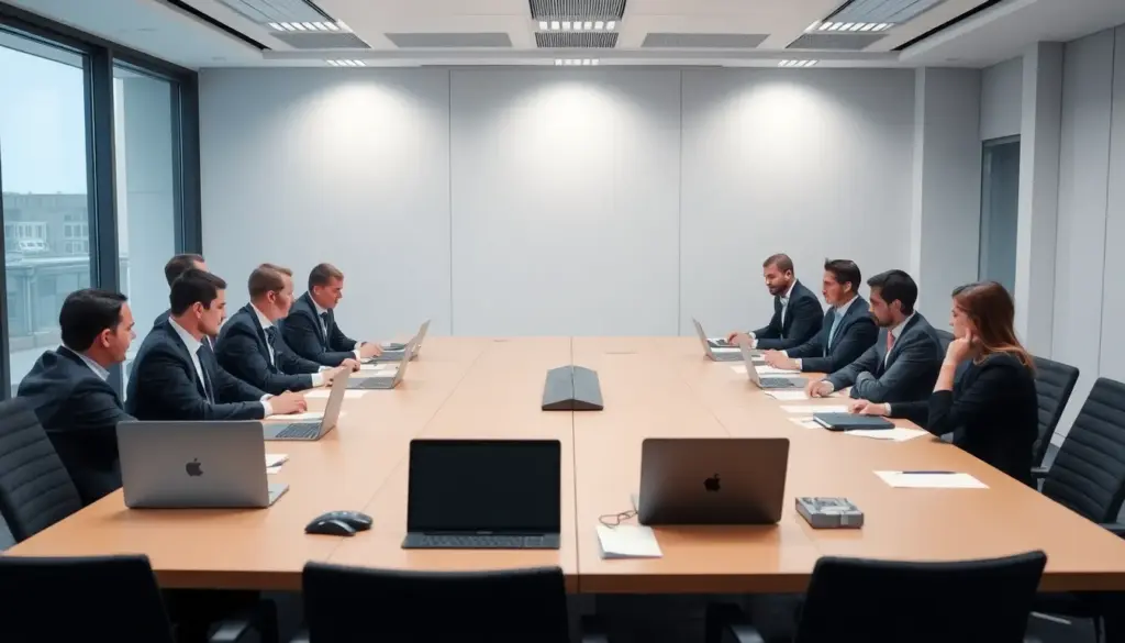 A group of people is gathered around a table discussing the implications of Dafabet's licensing status in a busy office environment, with documents and laptops open in front of them.