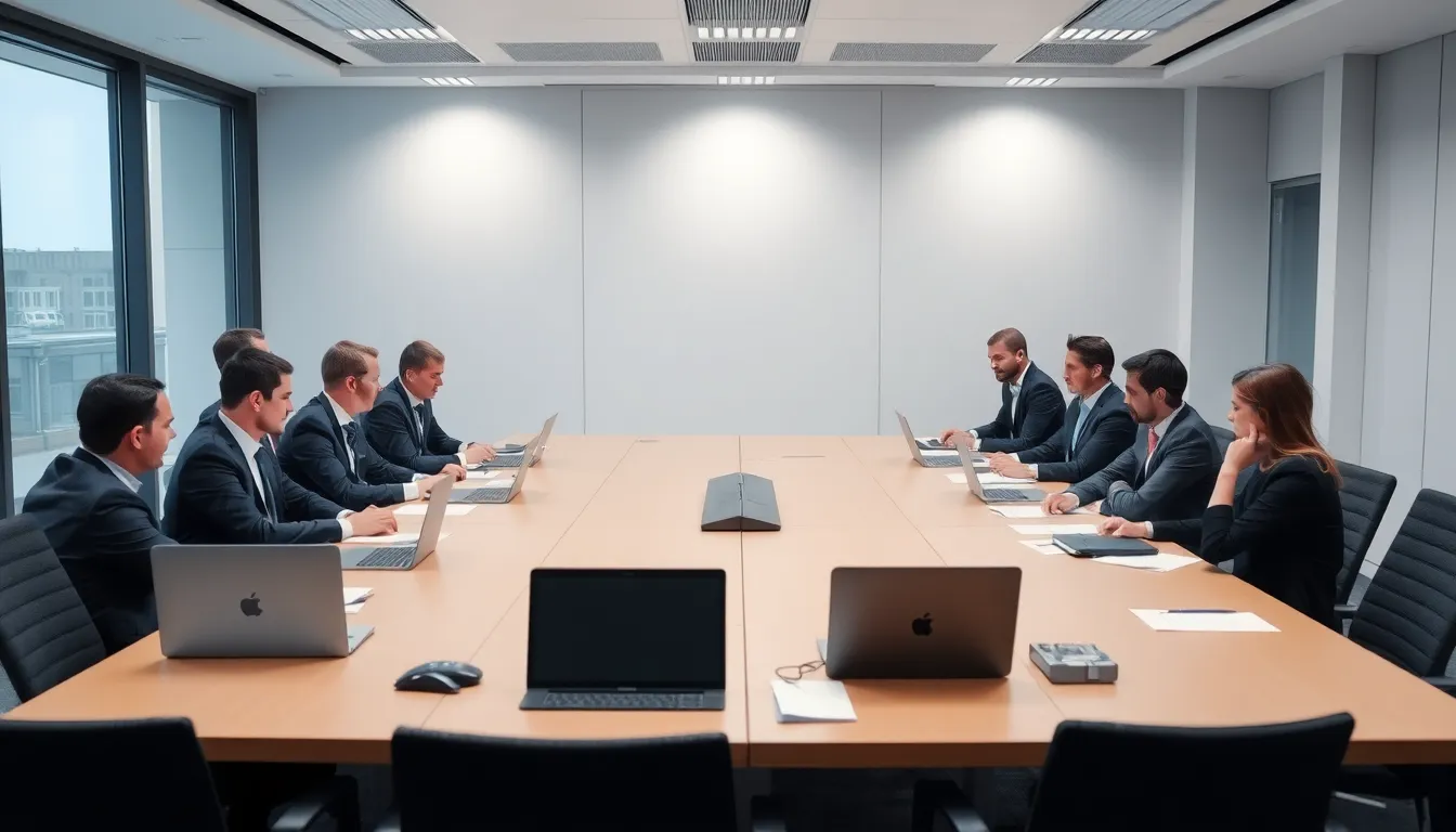 A group of people is gathered around a table discussing the implications of Dafabet's licensing status in a busy office environment, with documents and laptops open in front of them.