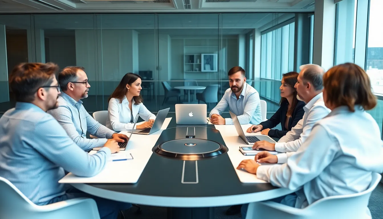 A group of professionals discusses the potential impact of DigiWheel on transportation during a conference in a modern meeting room.
