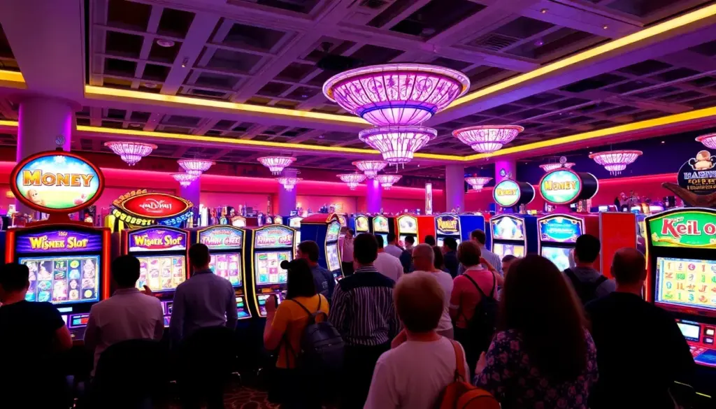 A group of excited players gathers around a casino slot machine featuring popular Disney characters, eagerly watching the reels spin in hopes of winning big.