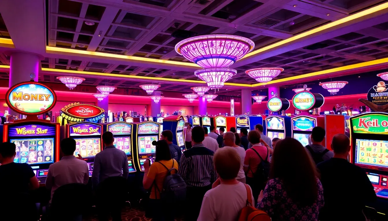 A group of excited players gathers around a casino slot machine featuring popular Disney characters, eagerly watching the reels spin in hopes of winning big.