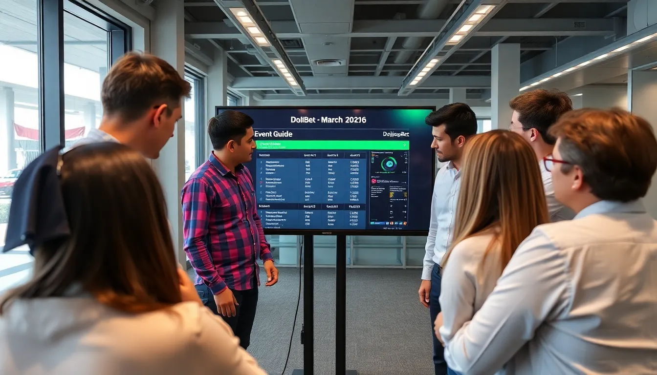 A group of enthusiastic bettors gathers around a large screen displaying live betting odds and statistics during a March 2026 sports event.
