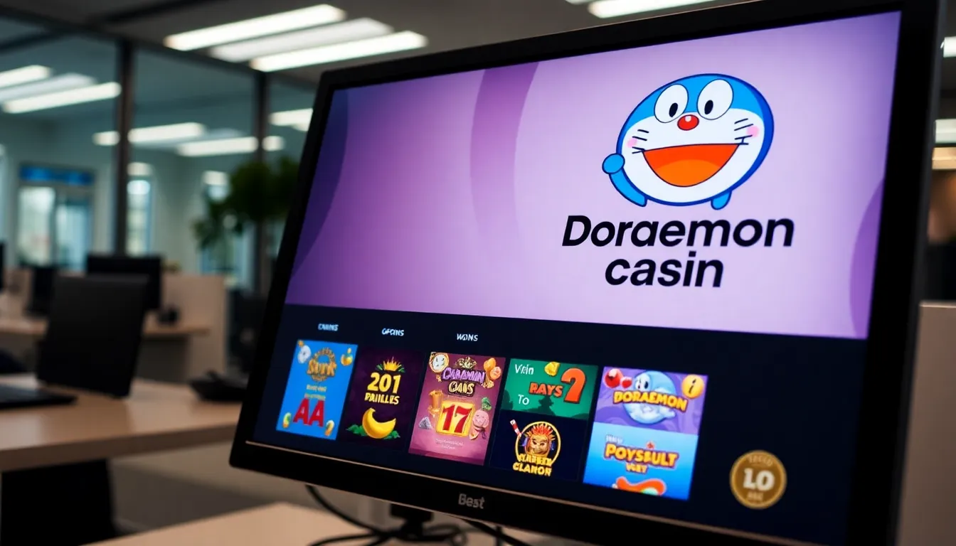 A bustling crowd gathers outside the Doraemon Casino, eagerly awaiting its grand opening, with colorful banners and themed decorations creating an inviting atmosphere.