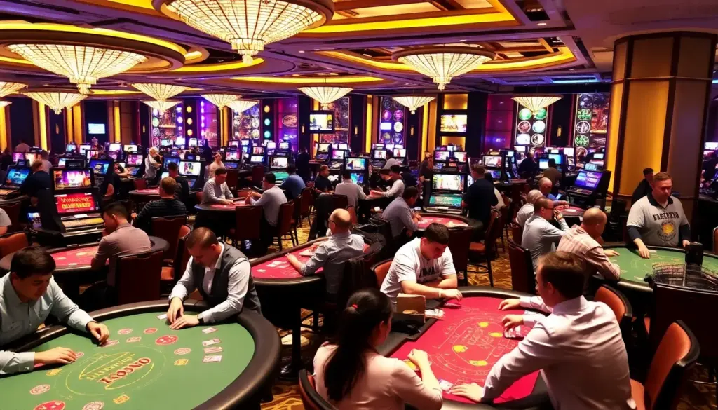 A group of players is gathered around a live dealer table at Evolution Casino, intently watching the game unfold on large screens while interacting with the dealer.