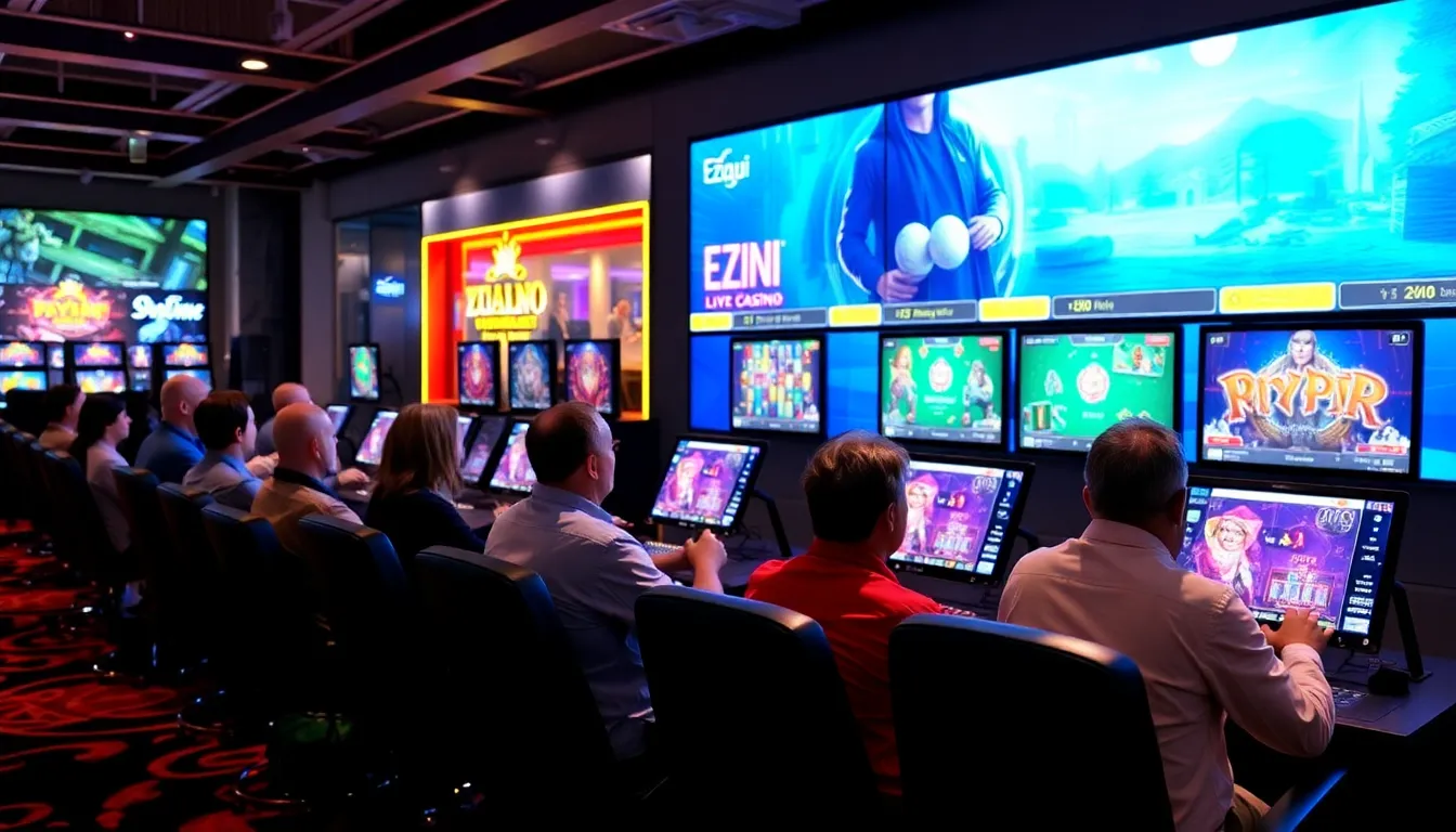 A group of players sits around a table in a brightly lit casino, intently watching a live dealer as cards are dealt during an online gaming session.