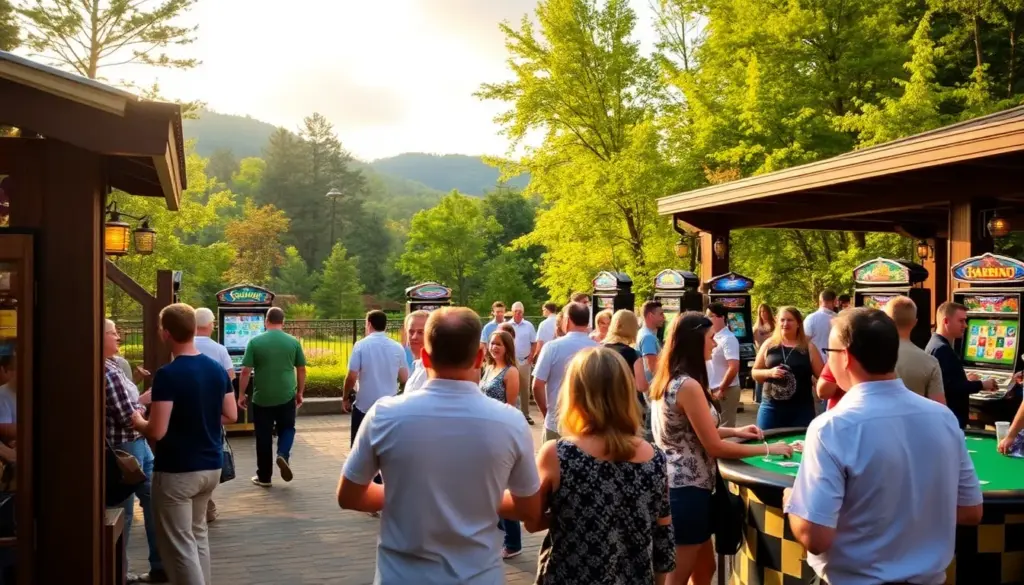 Crowds gather outside the Garden Casino as excitement builds for its grand reopening in March 2026, with colorful banners announcing new attractions and features.