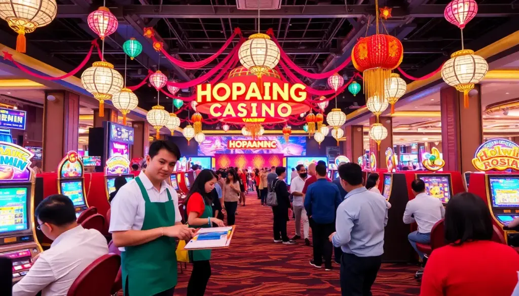 A bustling crowd gathers outside the HopBangMan Casino, eagerly anticipating the unveiling of new gaming features and promotions set for March 2026.