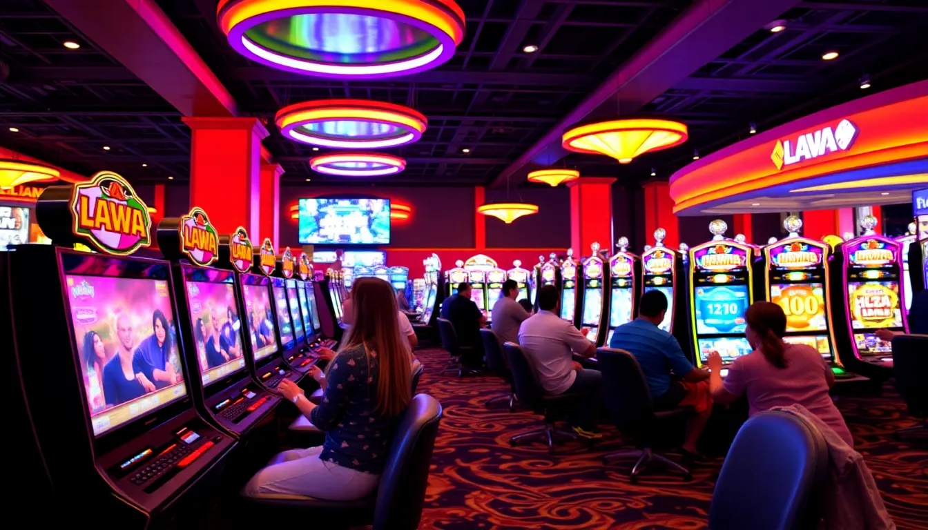 A group of excited players gathers around a gaming table at Lava Casino, eagerly engaging with the latest interactive gaming technology in a vibrant atmosphere.