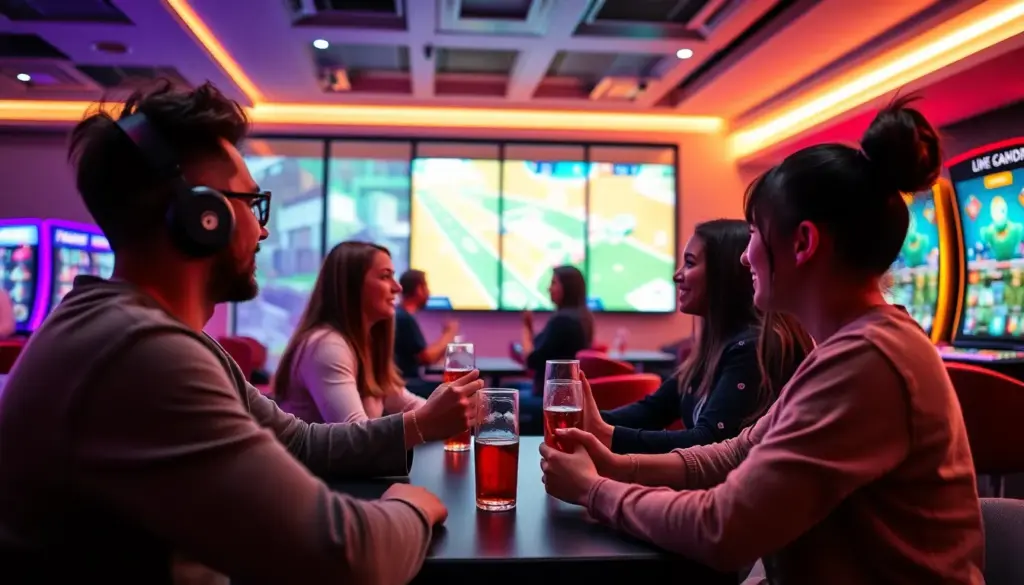A group of enthusiastic gamers gathers around their screens, eagerly watching a livestreamed slot game session that showcases the interactive features of Livespins in February 2026.