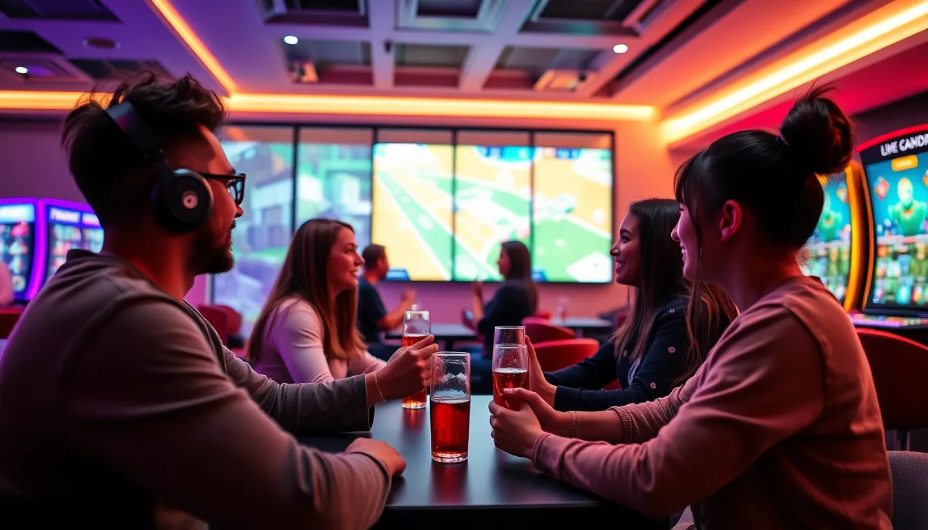 A group of enthusiastic gamers gathers around their screens, eagerly watching a livestreamed slot game session that showcases the interactive features of Livespins in February 2026.