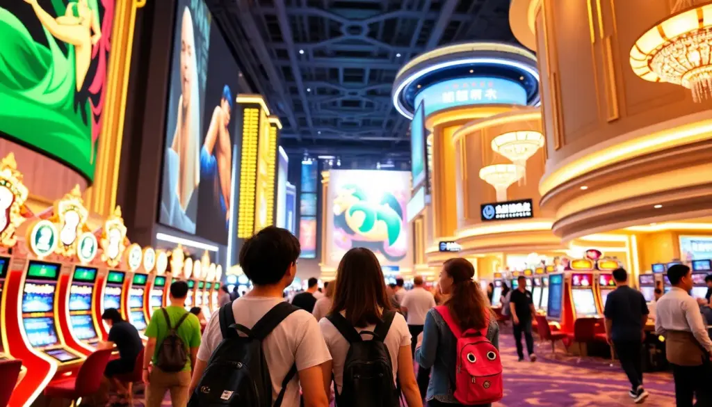 Crowds of excited visitors gather outside a lavish Macau casino, eagerly anticipating the entertainment and gaming experiences awaiting them inside.