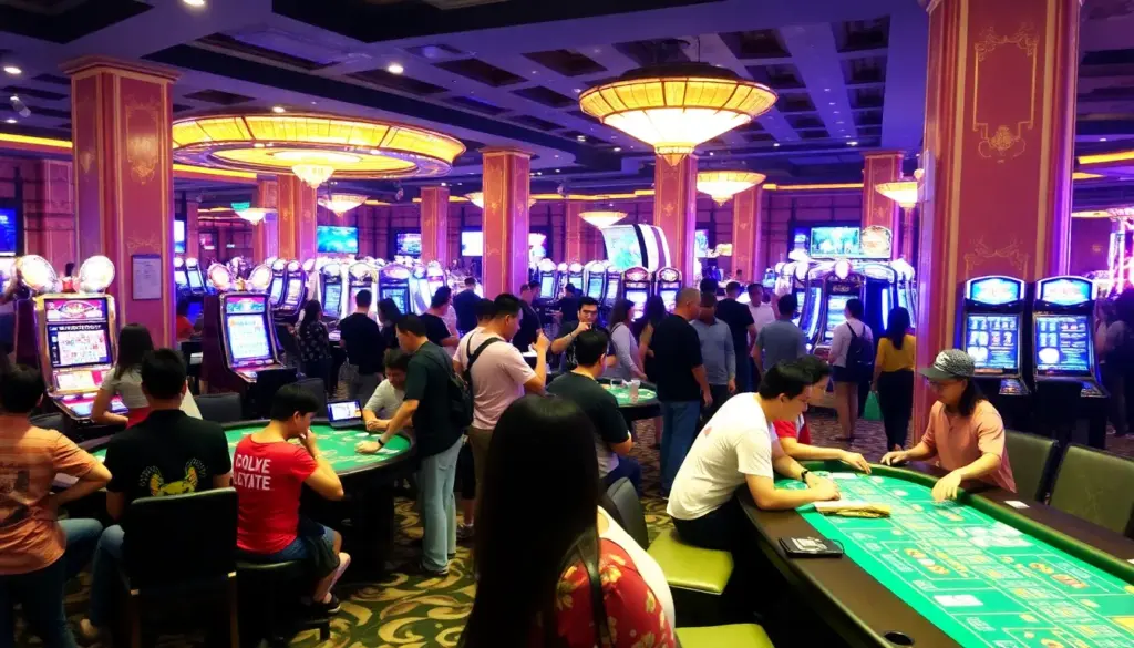 Crowds gather outside a bustling Manila casino, illuminated by bright lights and vibrant signage, as excitement fills the air in anticipation of the latest gaming experiences.