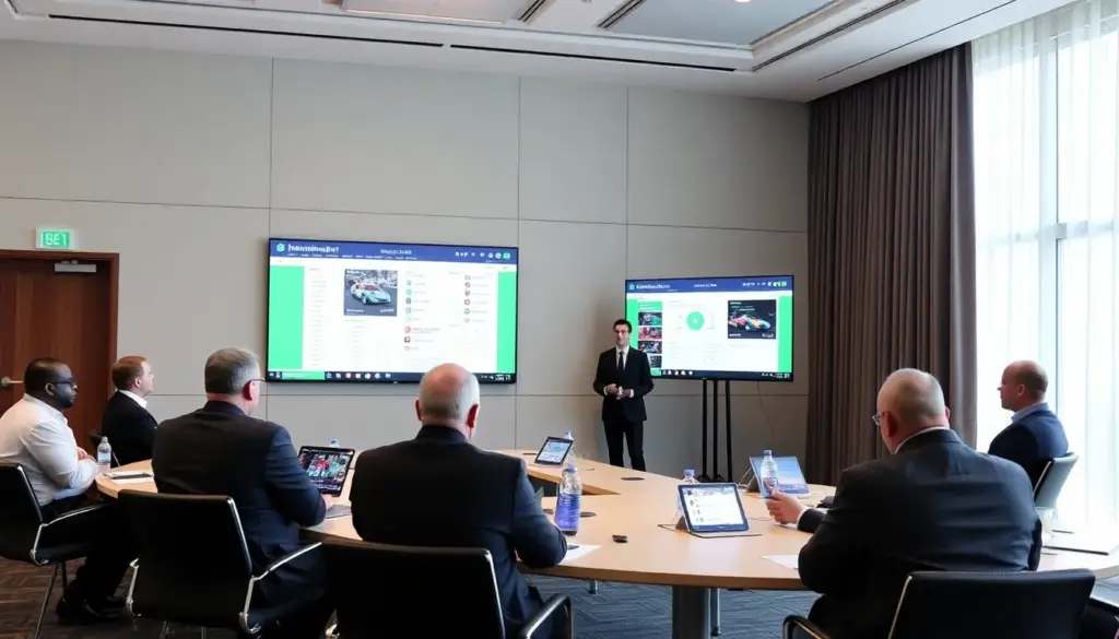 A group of diverse bettors gathers around a table, intently discussing strategies and analyzing odds on their mobile devices during a bustling betting event in February 2026.