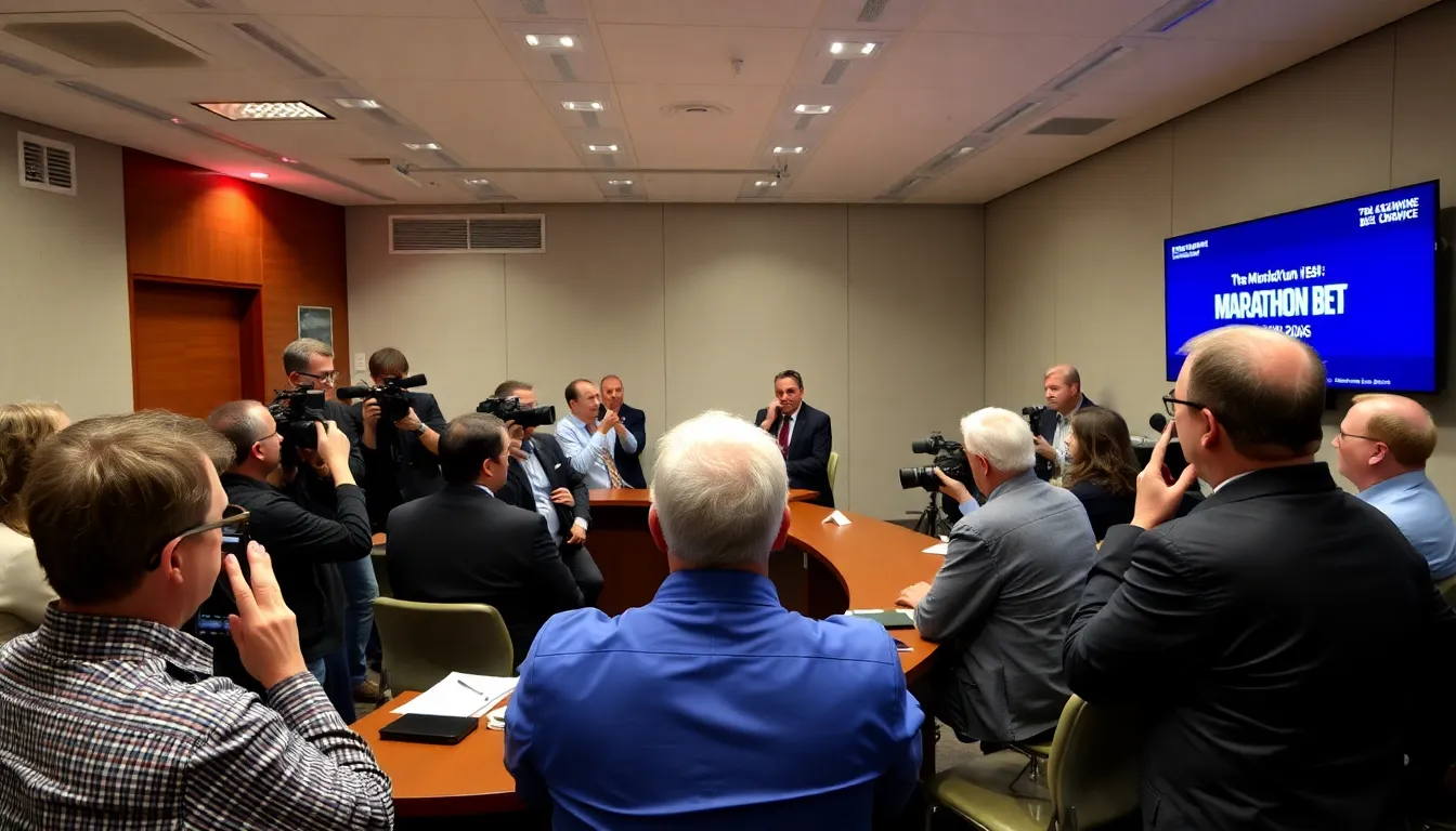 A group of people gathers around a table at a conference, discussing the implications of new online gambling regulations and the importance of licensing for platforms like MarathonBet.