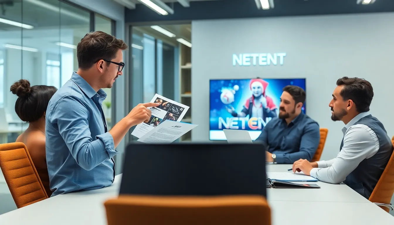 A group of industry professionals gathers at a conference table, discussing strategies and innovations in online gaming as they analyze recent trends in the market.