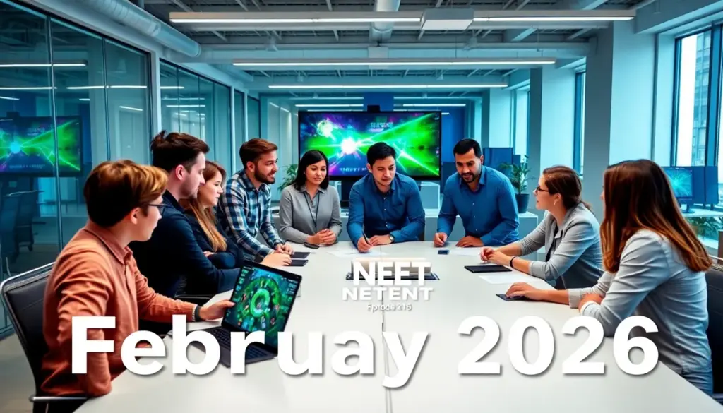 A group of industry experts gathers at a conference table, discussing strategies for adapting to technological advancements in online gaming as they prepare for the future of NetEnt in 2026.