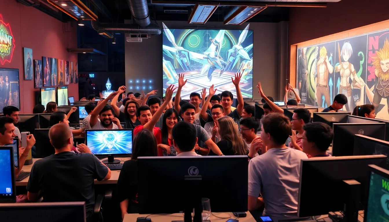 a bustling gaming conference where industry leaders discuss the latest innovations and trends in online gaming, with attendees networking and showcasing new technologies.